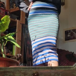 MARNI X Uniqlo Womens Blue Green Pink Stripe Stretch Knit Midi Skirt - Xs